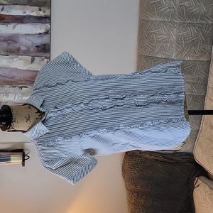 A New Day Metallic Heritage Stripe Tux Ruffle Short Sleeve Scoop Hem Button Up